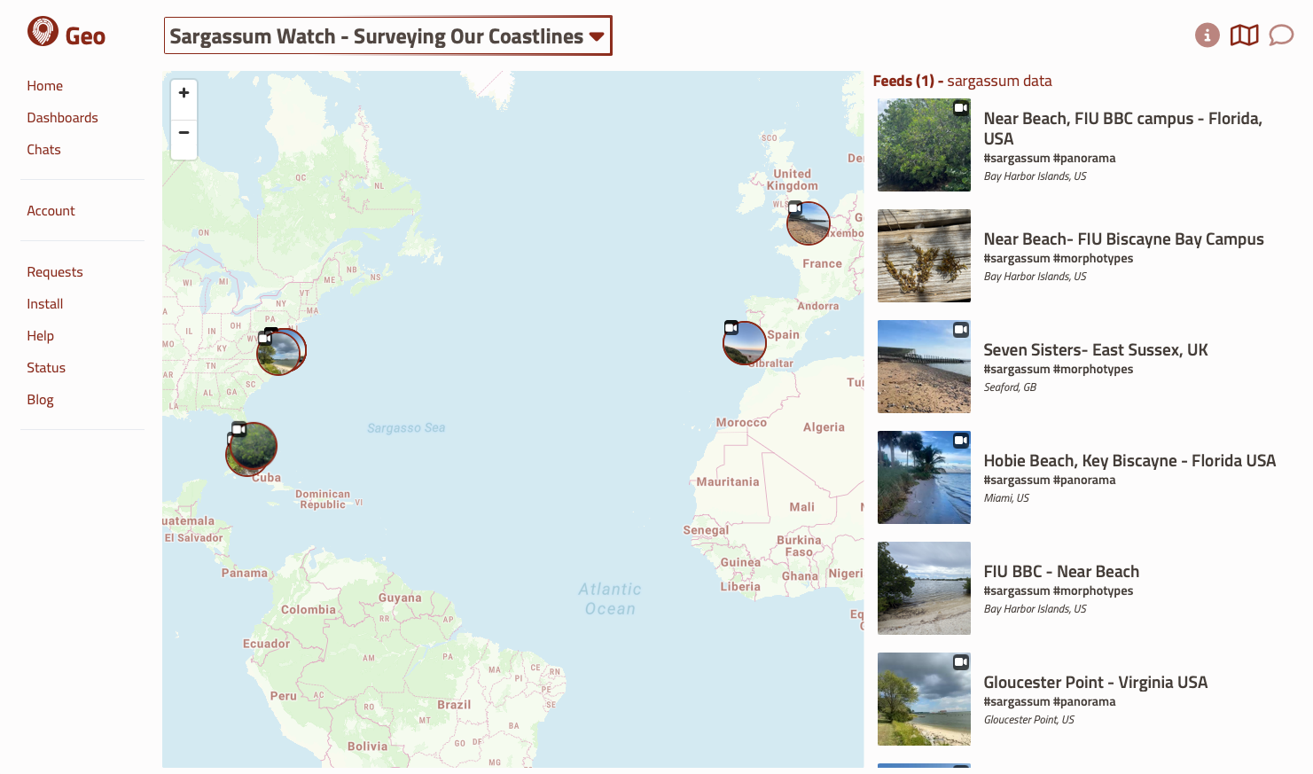 Sargassum Watch Geo.ai dashboard showing live observation map and photo feed